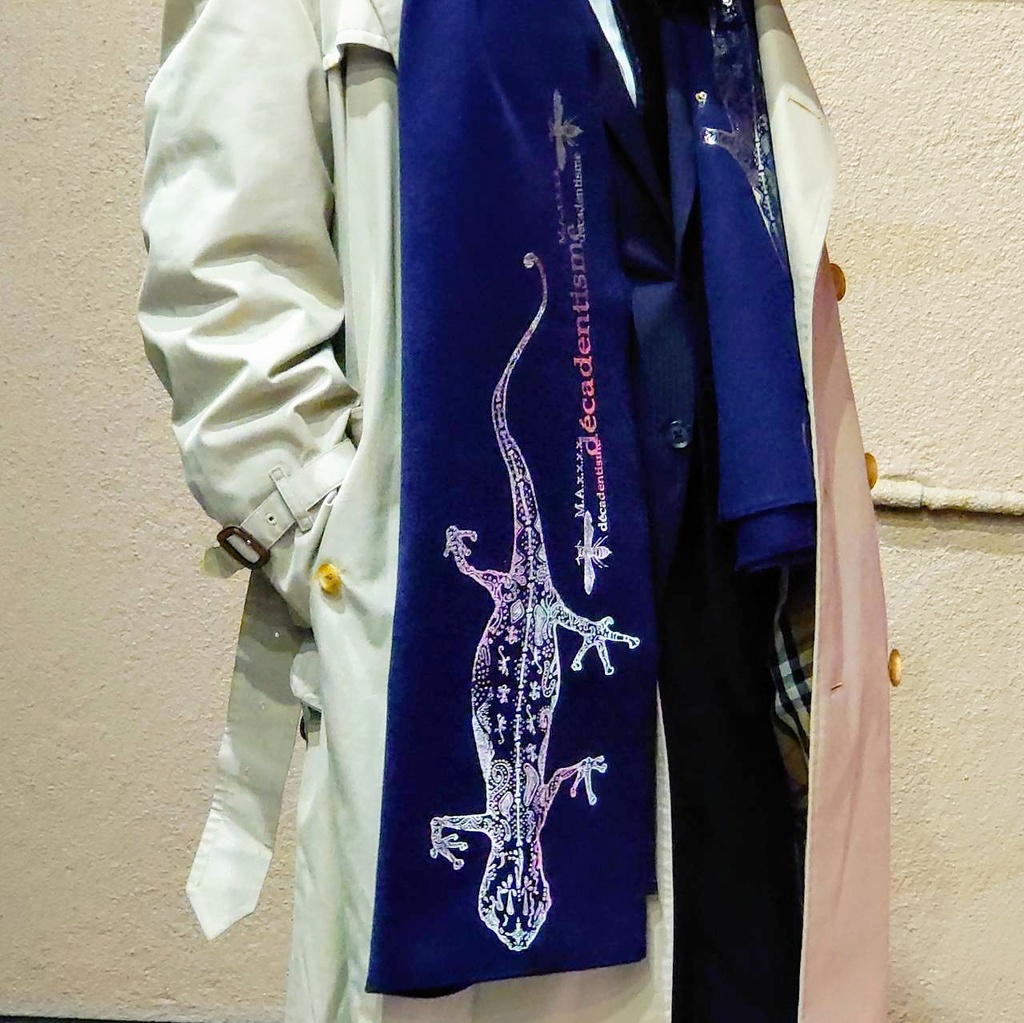 BIG箔ヤモリの大判ショールマフラー【ダークナイトブルー×銀箔】