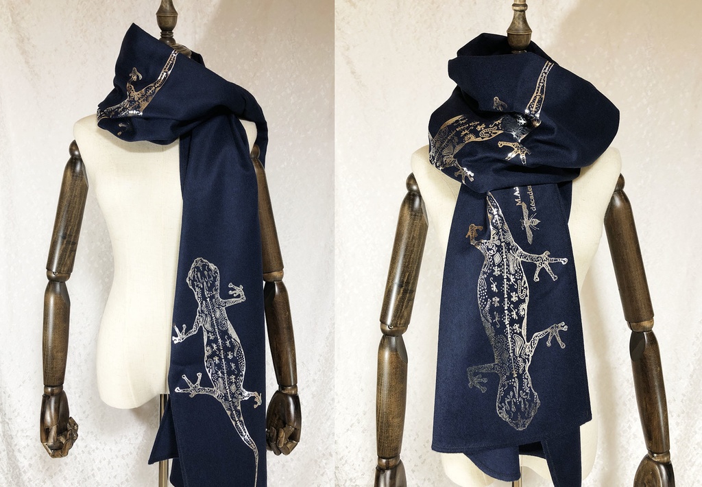 BIG箔ヤモリの大判ショールマフラー【ダークナイトブルー×銀箔】