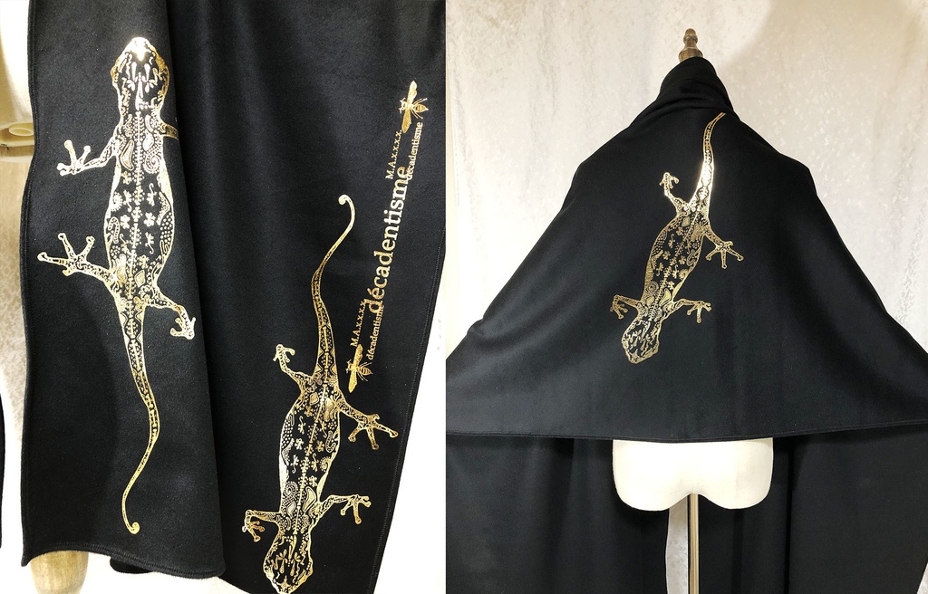 BIG箔ヤモリの大判ショールマフラー【フローズンブラック×金箔】