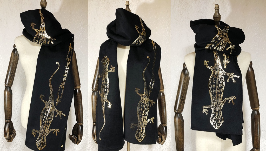 BIG箔ヤモリの大判ショールマフラー【フローズンブラック×金箔】