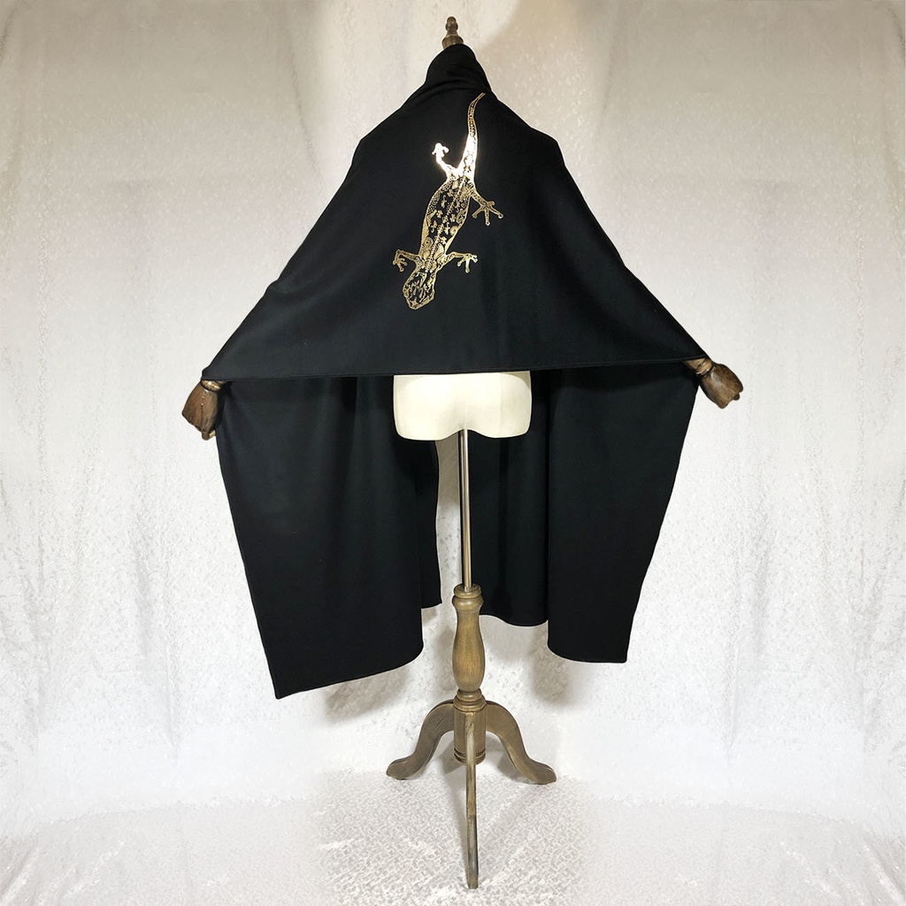 BIG箔ヤモリの大判ショールマフラー【フローズンブラック×金箔】