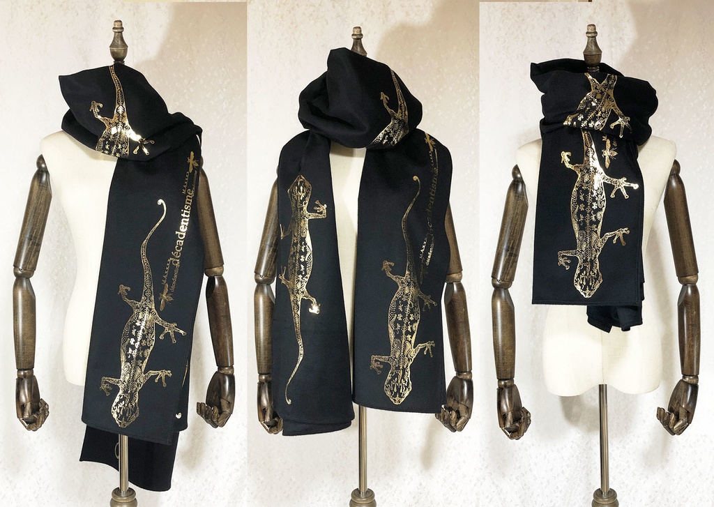 BIG箔ヤモリの大判ショールマフラー【フローズンブラック×金箔】