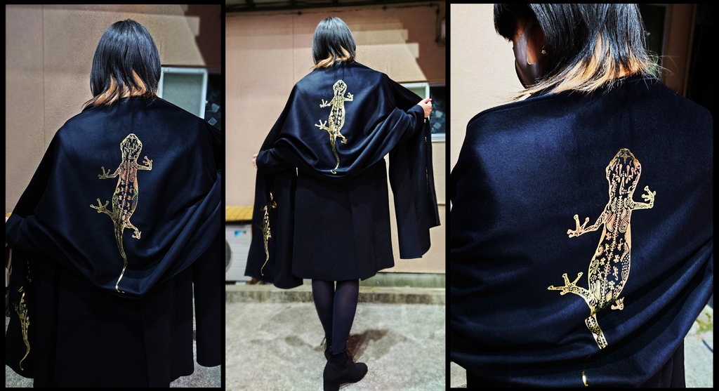 BIG箔ヤモリの大判ショールマフラー【フローズンブラック×銀箔】