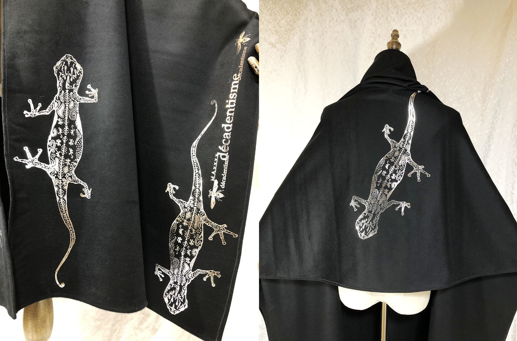 BIG箔ヤモリの大判ショールマフラー【フローズンブラック×銀箔】