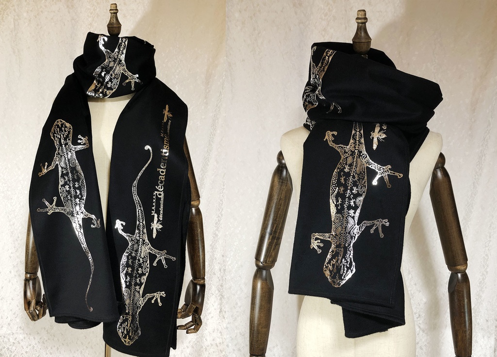 BIG箔ヤモリの大判ショールマフラー【フローズンブラック×銀箔】