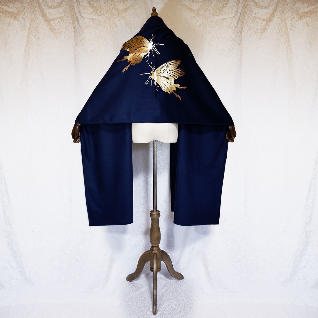 BIG箔蝶々の大判ショールマフラー【ダークナイトブルー×金箔】