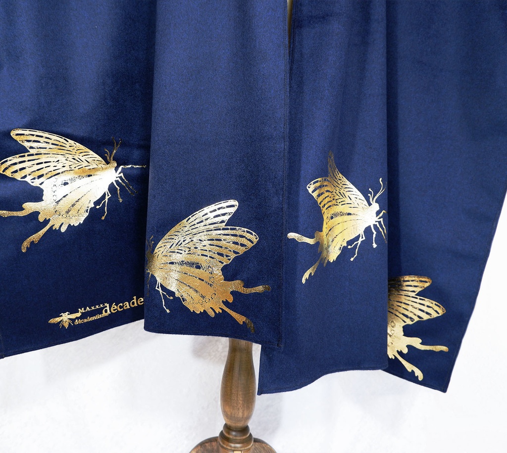 BIG箔蝶々の大判ショールマフラー【ダークナイトブルー×金箔】