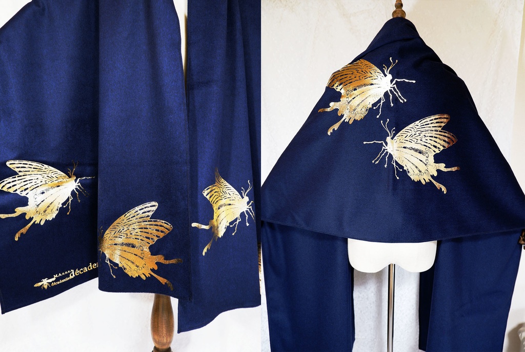 BIG箔蝶々の大判ショールマフラー【ダークナイトブルー×金箔】