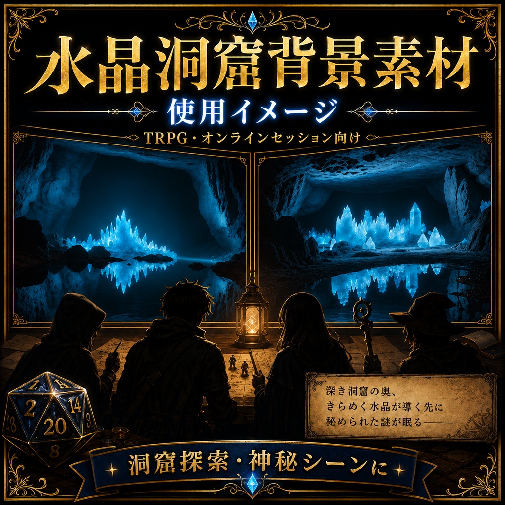 《無料あり》水晶洞窟背景素材|TRPG・オンラインセッション向け背景5枚+光粒子APNG+表示パネル