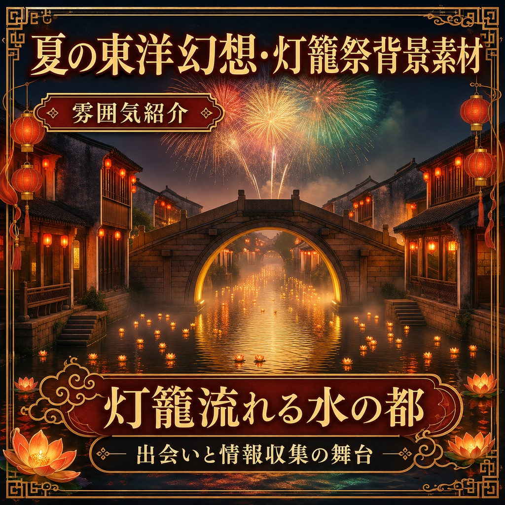 《無料あり》夏の東洋幻想・灯籠祭背景素材|夜市・運河・花火・祝祭演出セット