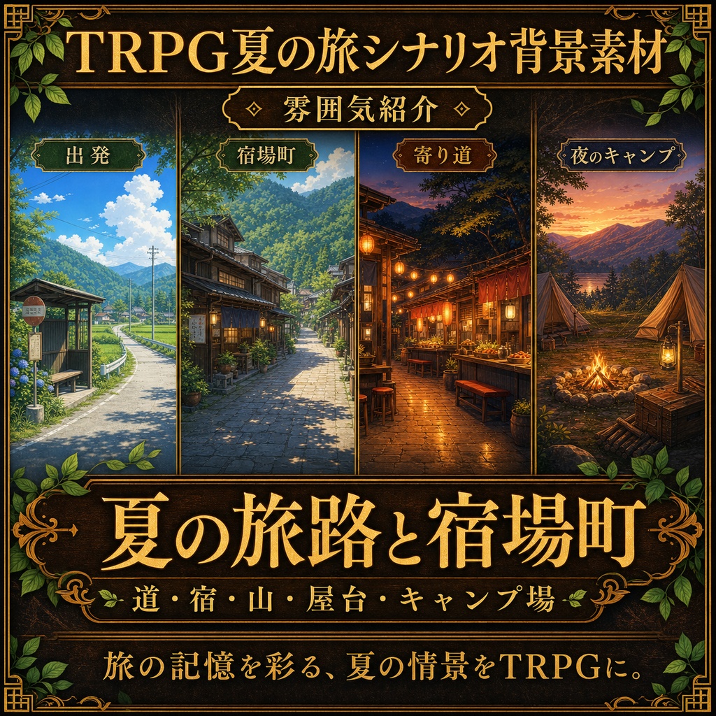 【無料あり】TRPG夏の旅シナリオ背景素材セット|道・宿・山・屋台・キャンプ場
