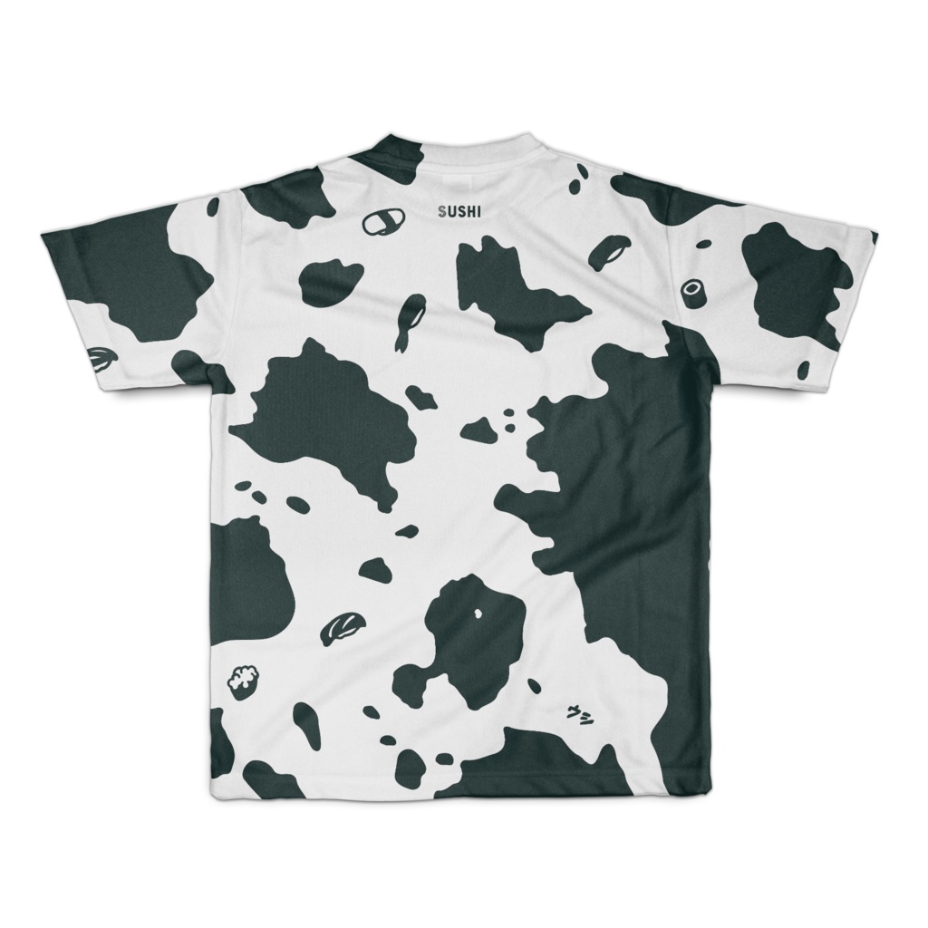 S-USHI ウスシ 鮨の牛柄|黒|フルグラフィックTシャツ SUSHI CowPattern | Black | Full Graphic T-Shirt