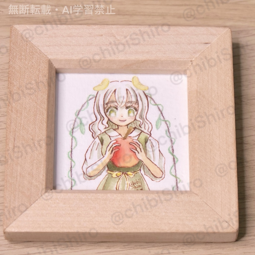 ミニ正方形サイズ原画【りんご×羊な女の子】