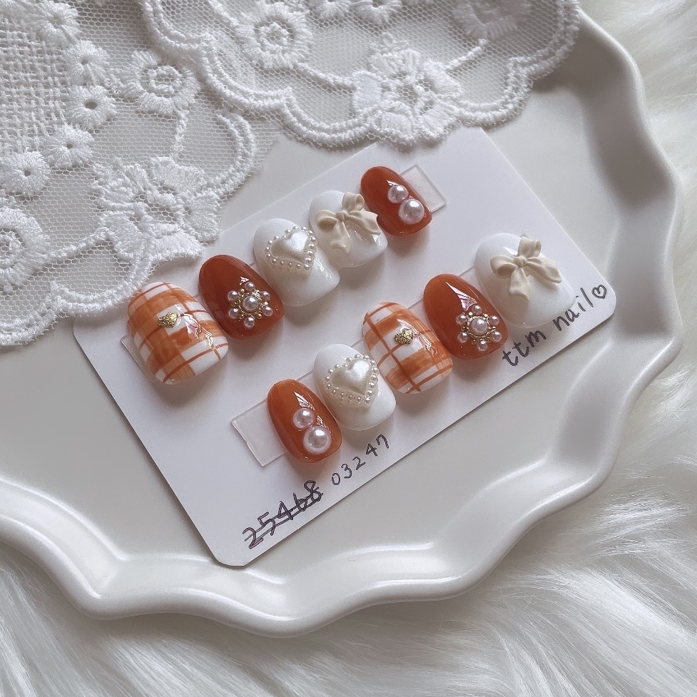 【現品】01 ネイルチップ ブラウン ホワイト パール ハート リボン チェック柄 ガーリー