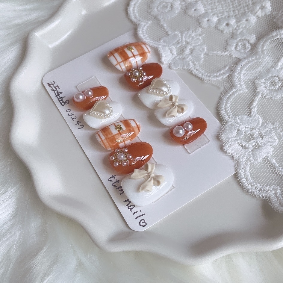 【現品】01 ネイルチップ ブラウン ホワイト パール ハート リボン チェック柄 ガーリー