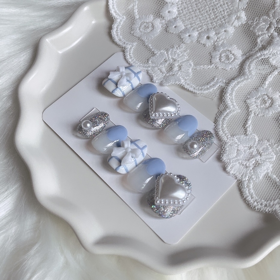 【現品】07 ネイルチップ ブルー シルバー ホワイト パール ハート リボン チェック柄 ラメ ガーリー 推しネイル 推し色 推しカラー 推し事