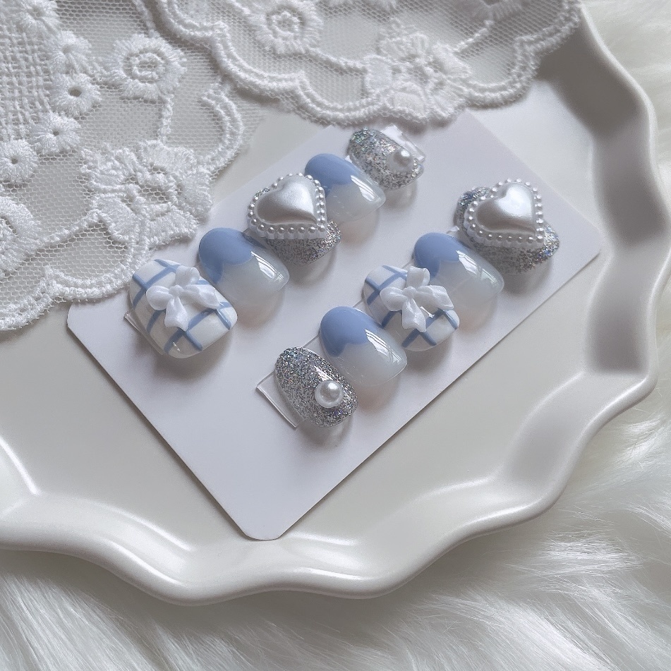 【現品】07 ネイルチップ ブルー シルバー ホワイト パール ハート リボン チェック柄 ラメ ガーリー 推しネイル 推し色 推しカラー 推し事