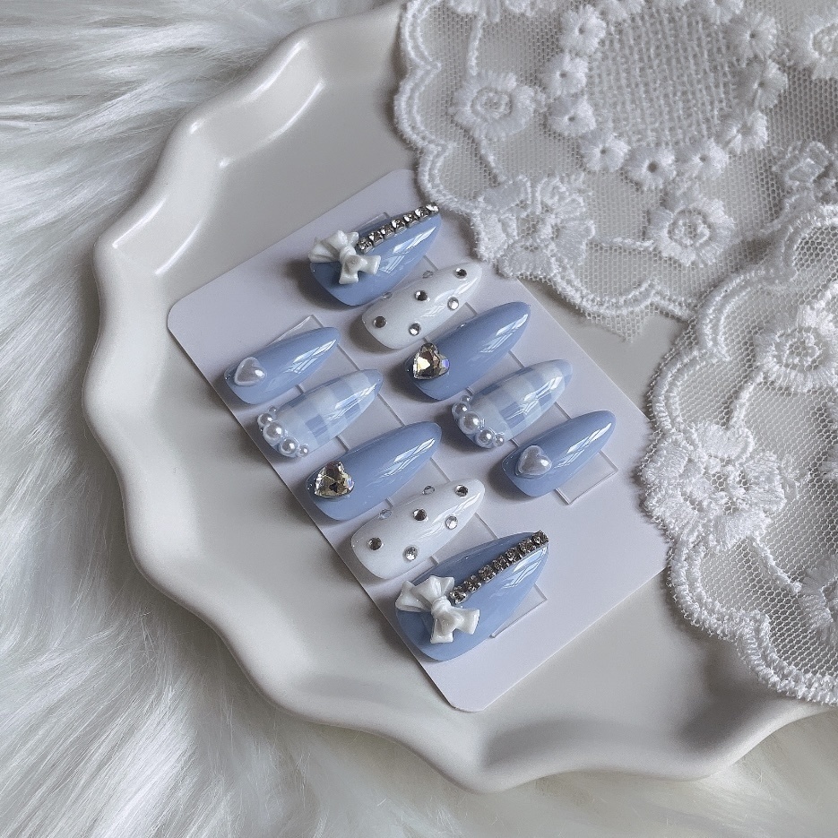 【現品】08 《3日以内発送》 ネイルチップ ブルー ホワイト パール ハート リボン キラキラ チェック柄 ガーリー 推しネイル 推し色 推しカラー 推し事