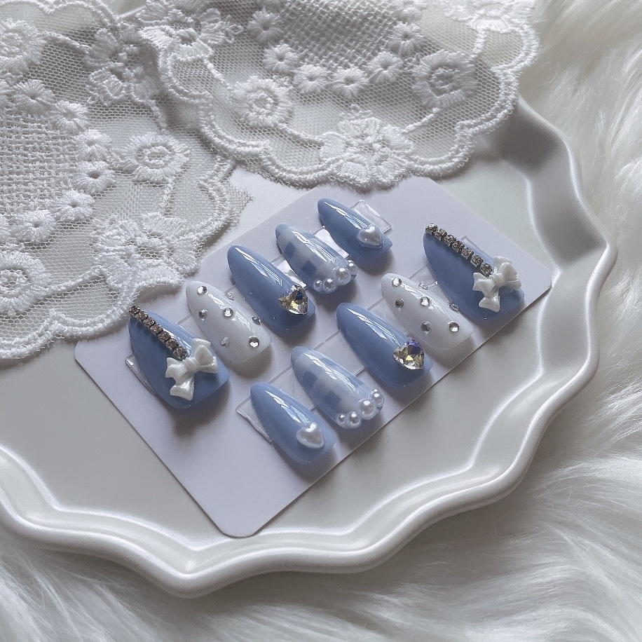 【現品】08 《3日以内発送》 ネイルチップ ブルー ホワイト パール ハート リボン キラキラ チェック柄 ガーリー 推しネイル 推し色 推しカラー 推し事