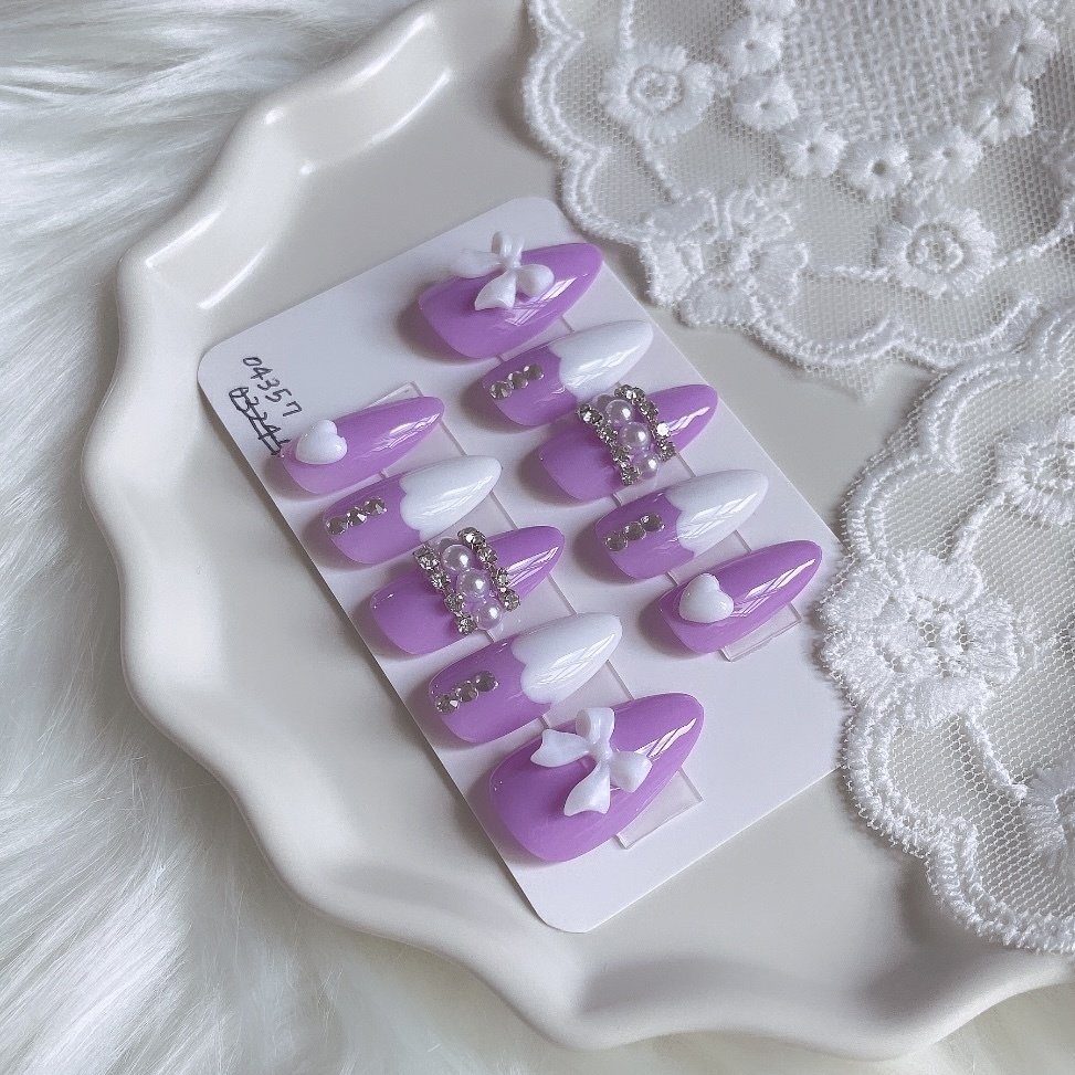【現品】10 《3日以内発送》 ネイルチップ パープル ホワイト パール ハート リボン キラキラ とろーりクリーム ガーリー 推しネイル 推し色 推しカラー 推し事