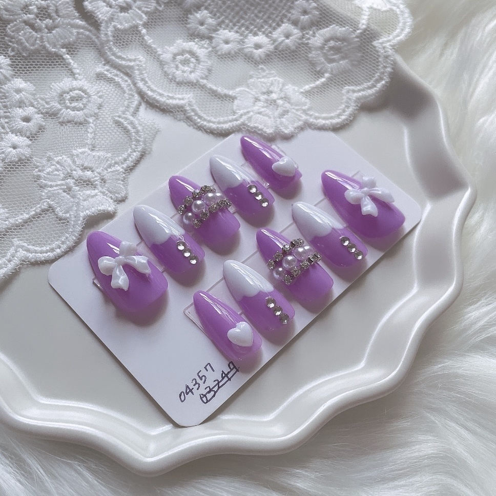 【現品】10 《3日以内発送》 ネイルチップ パープル ホワイト パール ハート リボン キラキラ とろーりクリーム ガーリー 推しネイル 推し色 推しカラー 推し事