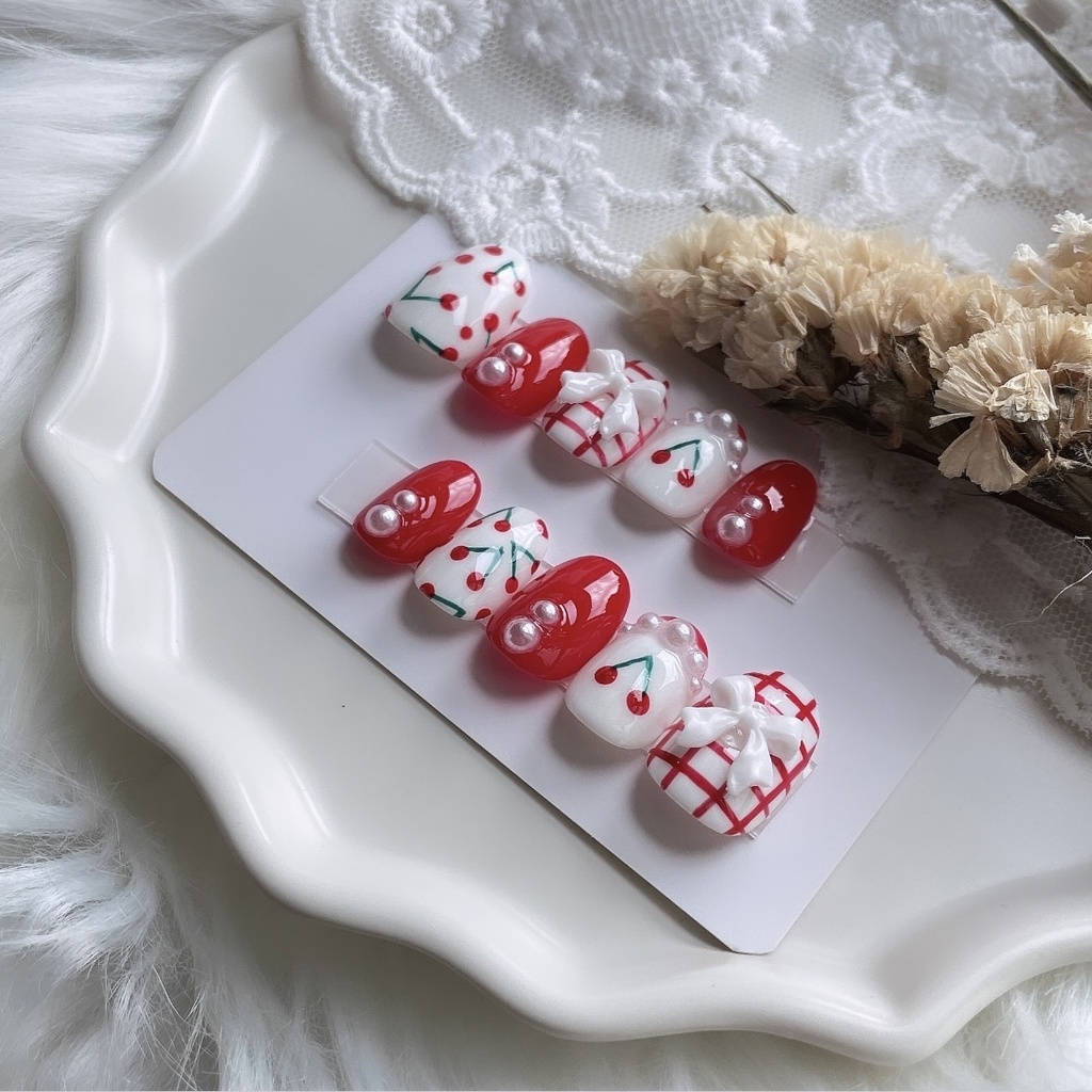 【現品】13 ネイルチップ レッド ホワイト グリーン さくらんぼ チェリー リボン パール チェック柄 フレンチ ガーリー 推しネイル 推し色 推しカラー 推し事