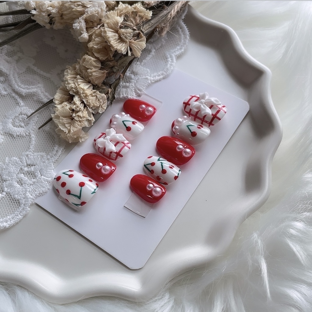 【現品】13 ネイルチップ レッド ホワイト グリーン さくらんぼ チェリー リボン パール チェック柄 フレンチ ガーリー 推しネイル 推し色 推しカラー 推し事
