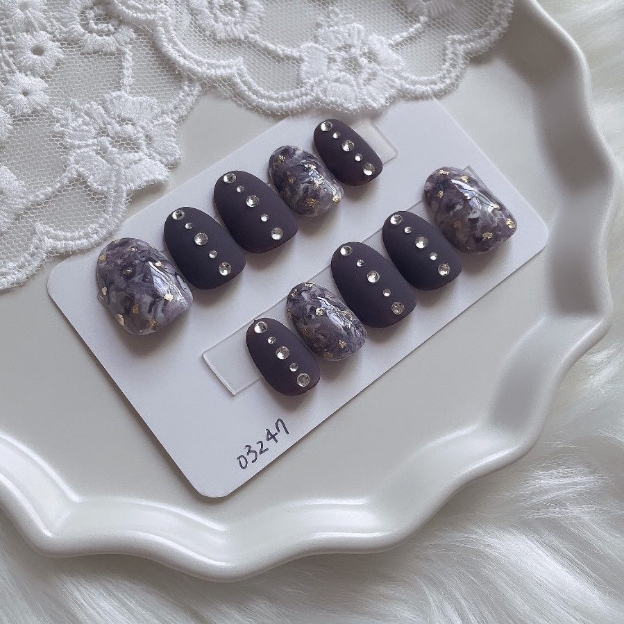 【現品】17 《3日以内発送》 ネイルチップ マット グレー ネイビー マーブル 金箔 ニュアンス