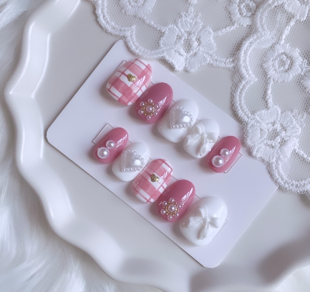 【現品】 47 ネイルチップ ピンク ホワイト パール ハート リボン チェック柄 ガーリー 推しネイル 推し色 推しカラー 推し事