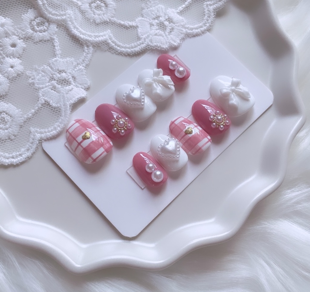 【現品】 47 ネイルチップ ピンク ホワイト パール ハート リボン チェック柄 ガーリー 推しネイル 推し色 推しカラー 推し事