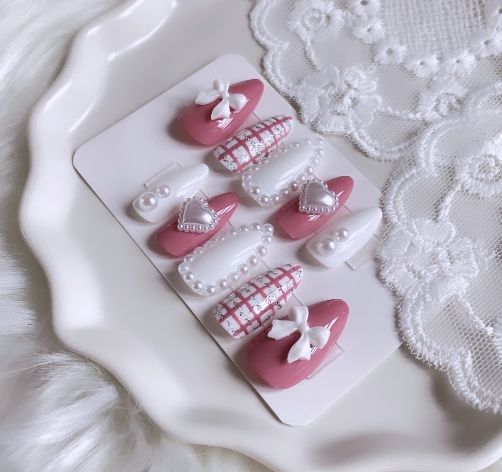 【現品】 49 ネイルチップ ピンク ホワイト パール ハート リボン チェック柄 ガーリー 推しネイル 推し色 推しカラー 推し事