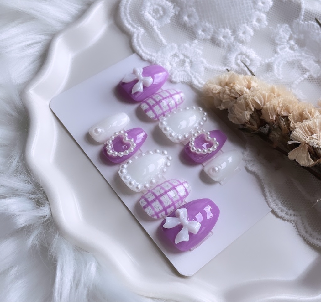 【現品】87 ネイルチップ パープル リボン チェック柄 ガーリー 推しネイル 推しカラー 担当色 担当カラー