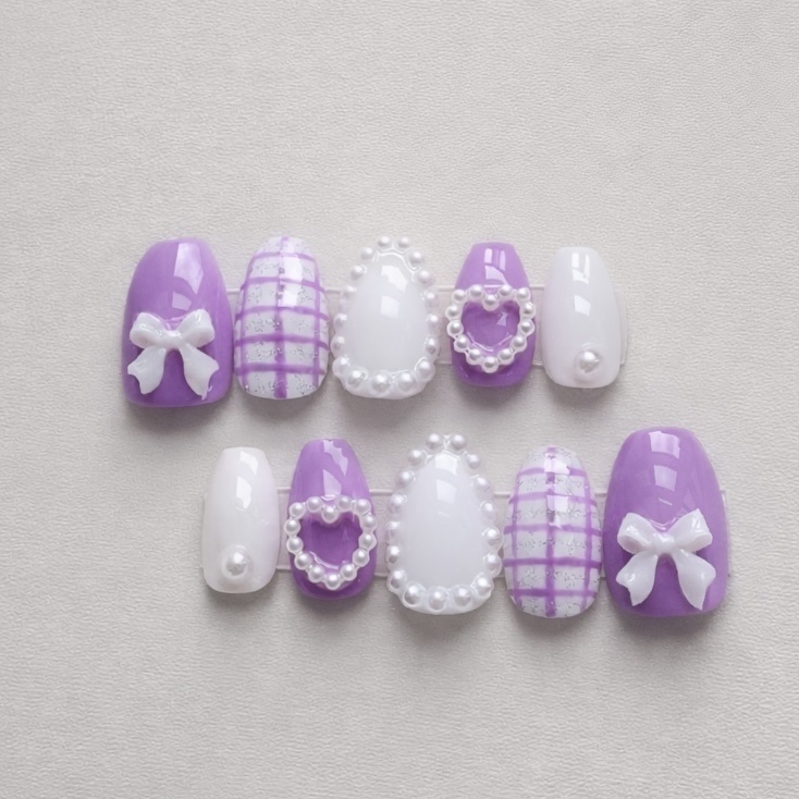 87 現品 サイズオーダー ネイルチップ パープル リボン チェック柄 ガーリー 推しネイル 推しカラー 担当色 担当カラー