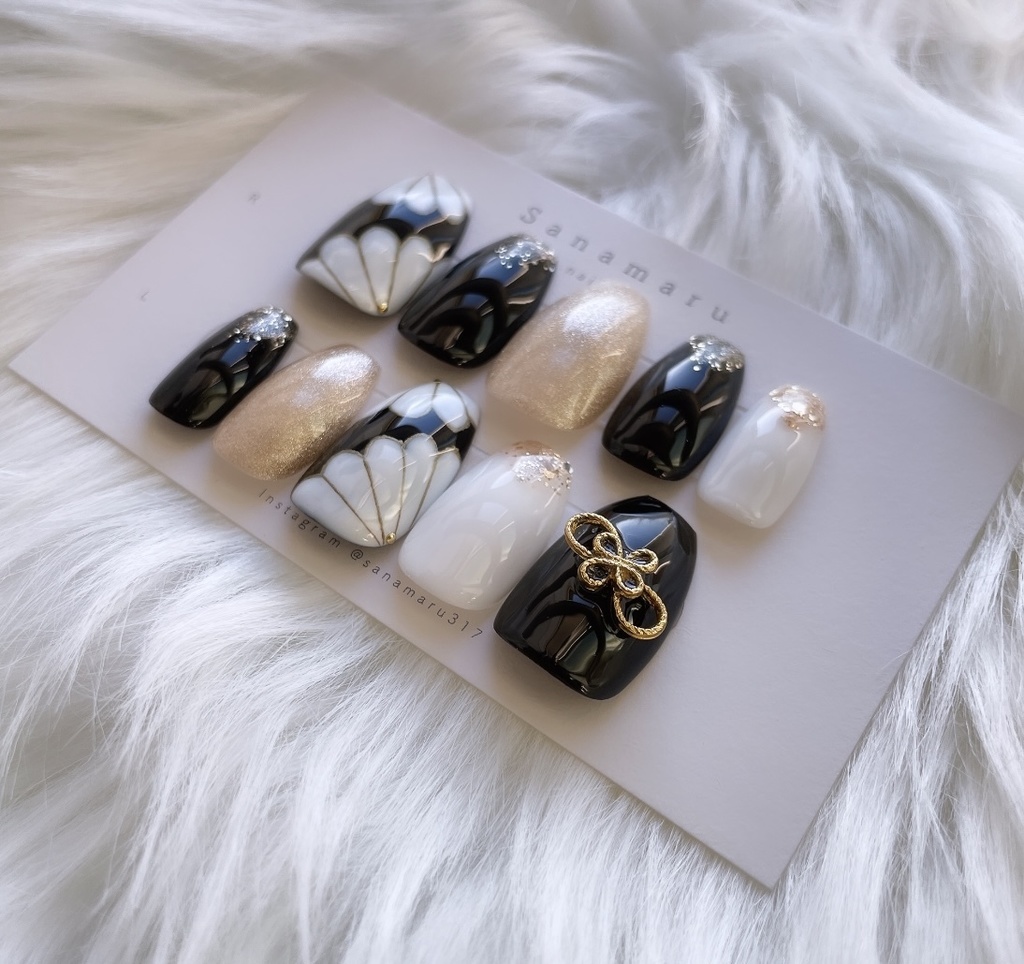 【現品】 93 和柄ネイル 成人式 卒業式 浴衣 着物 ブラック ホワイト ゴールド 黒 白 金