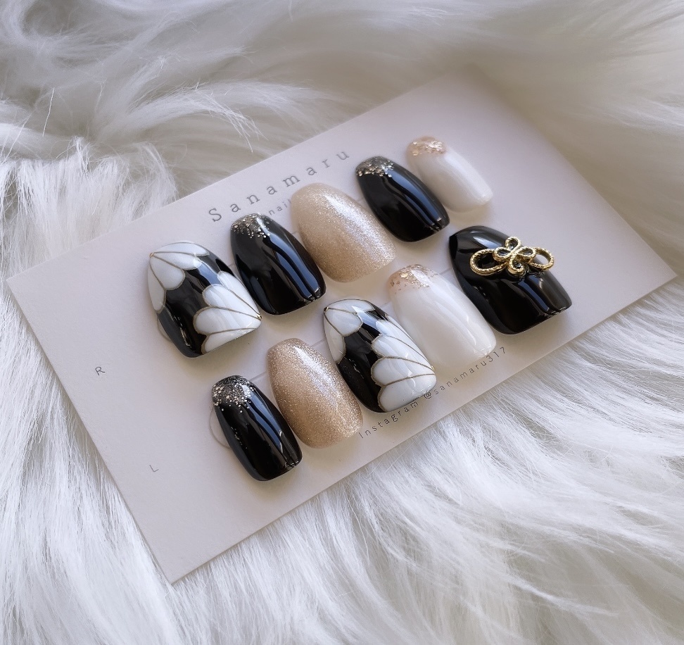 【現品】 93 和柄ネイル 成人式 卒業式 浴衣 着物 ブラック ホワイト ゴールド 黒 白 金