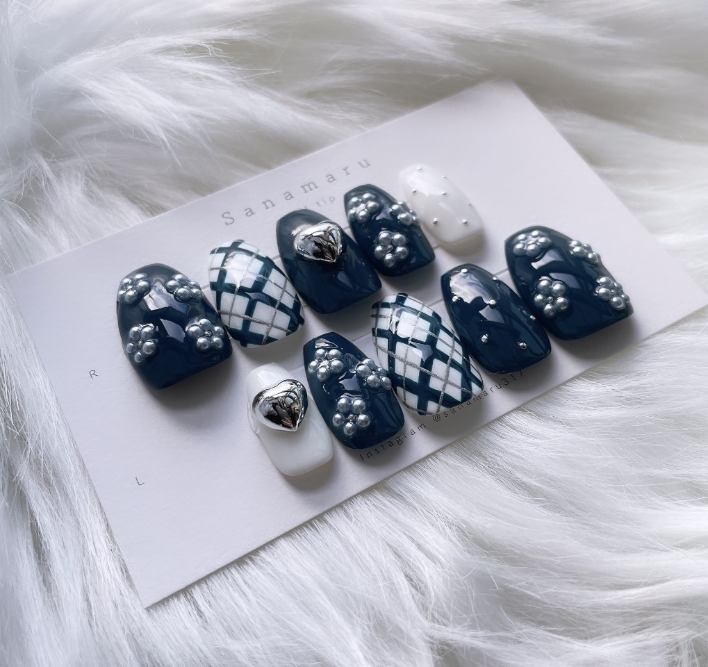 【現品】 95 フラワー チェック柄 ハート ネイビー ホワイト シルバー