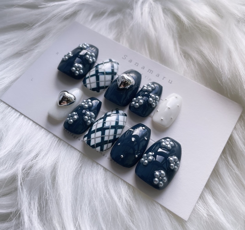 【現品】 95 フラワー チェック柄 ハート ネイビー ホワイト シルバー