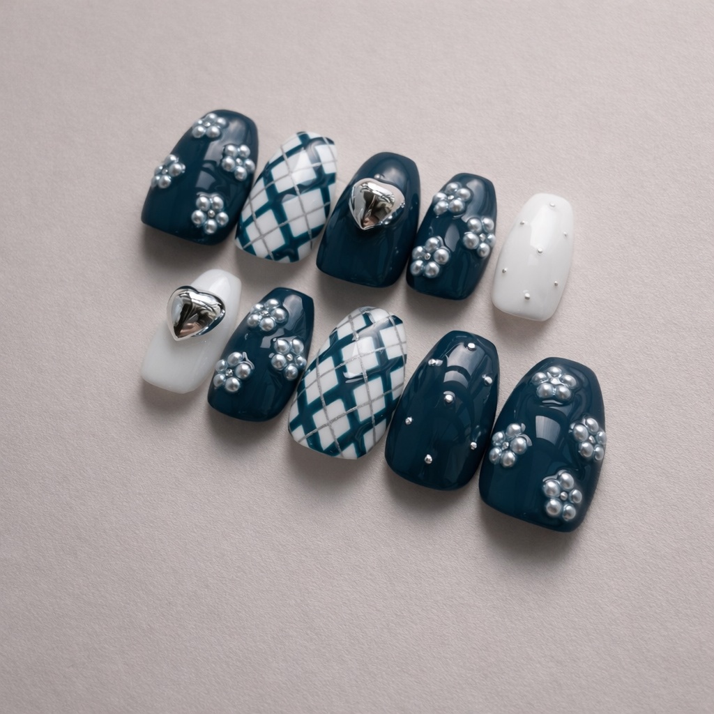 95 現品 サイズオーダー フラワー チェック柄 ハート ネイビー ホワイト シルバー