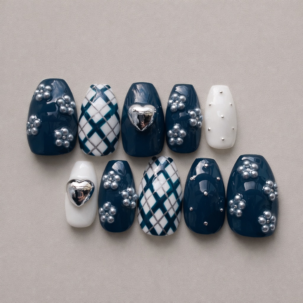 95 現品 サイズオーダー フラワー チェック柄 ハート ネイビー ホワイト シルバー