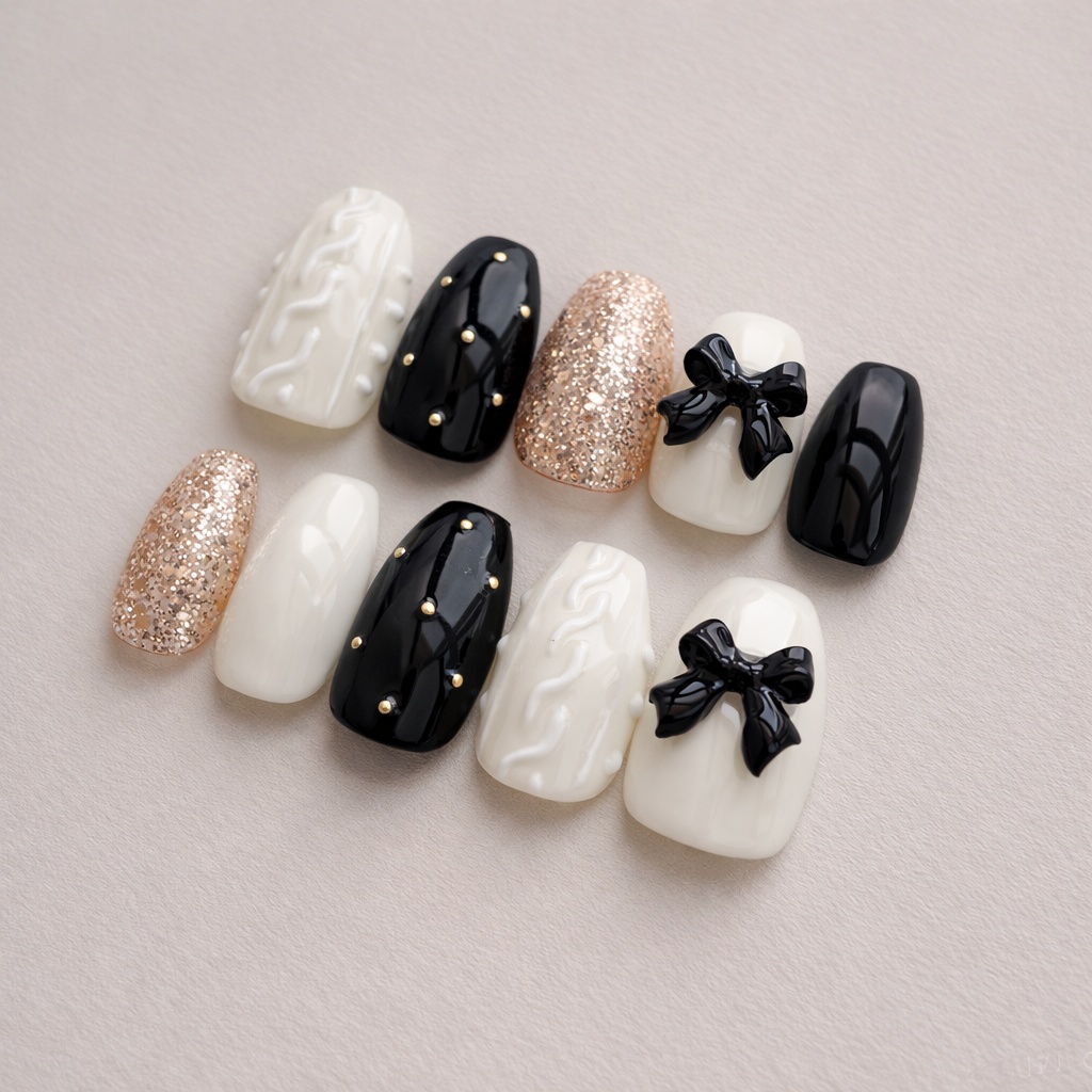 97 現品 サイズオーダー ネイルチップ ニットネイル リボン ブラック ホワイト ゴールド 秋ネイル 冬ネイル 流行りネイル 流行ネイル