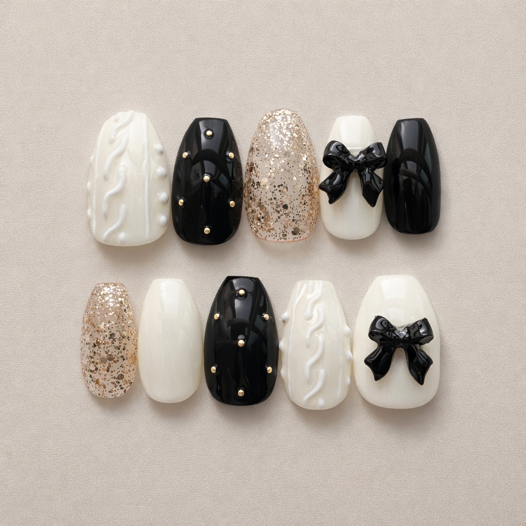 97 現品 サイズオーダー ネイルチップ ニットネイル リボン ブラック ホワイト ゴールド 秋ネイル 冬ネイル 流行りネイル 流行ネイル