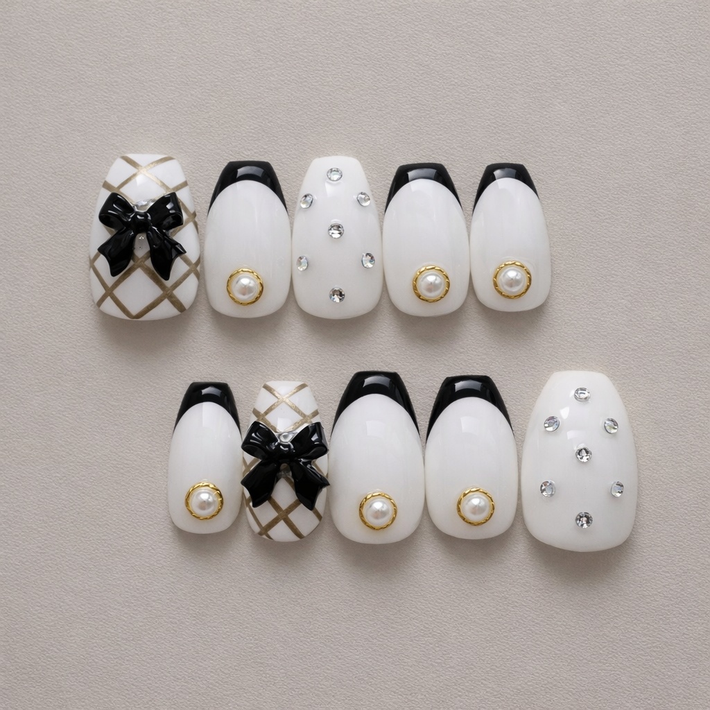 98 現品 サイズオーダー ネイルチップ キルティング フレンチ リボン ガーリー