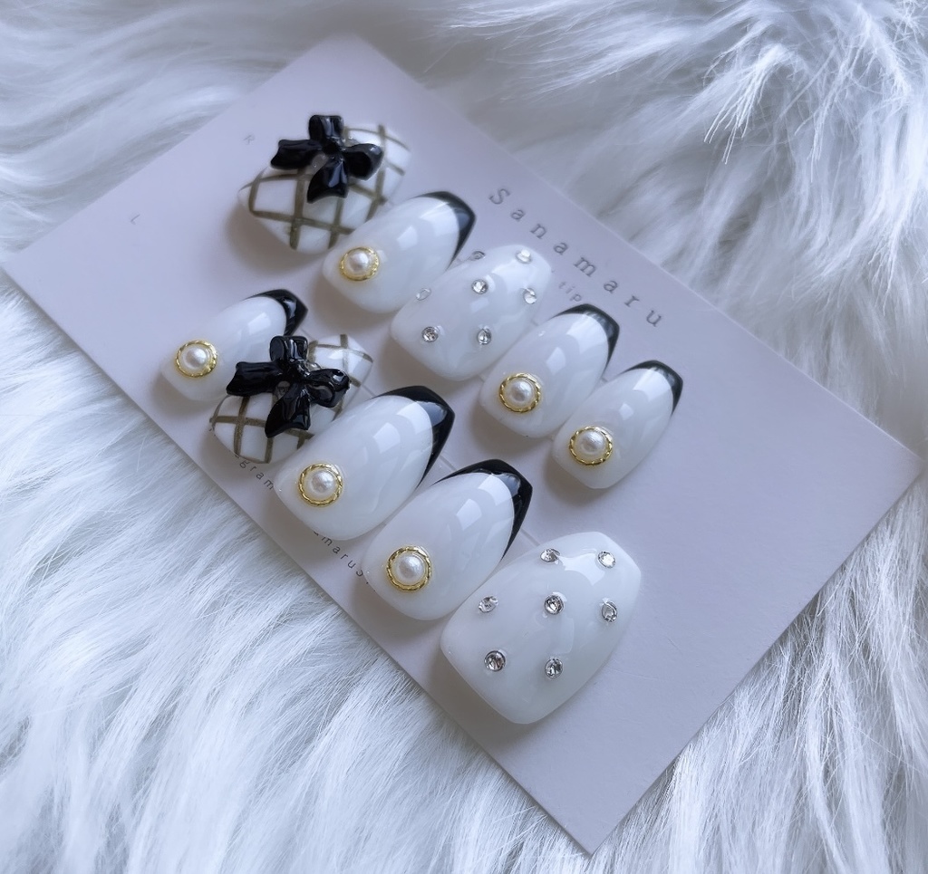 【現品】 98 ネイルチップ キルティング フレンチ リボン ガーリー