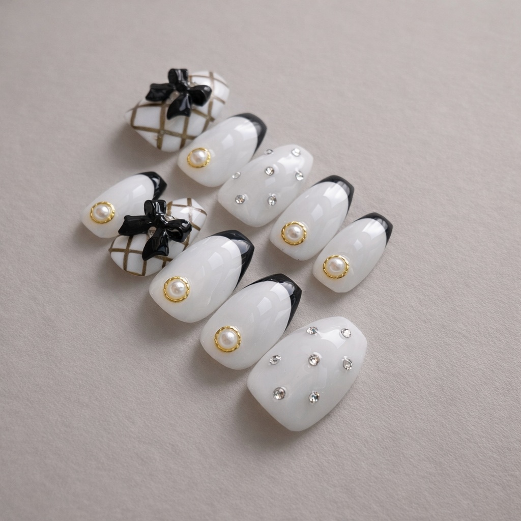 98 現品 サイズオーダー ネイルチップ キルティング フレンチ リボン ガーリー