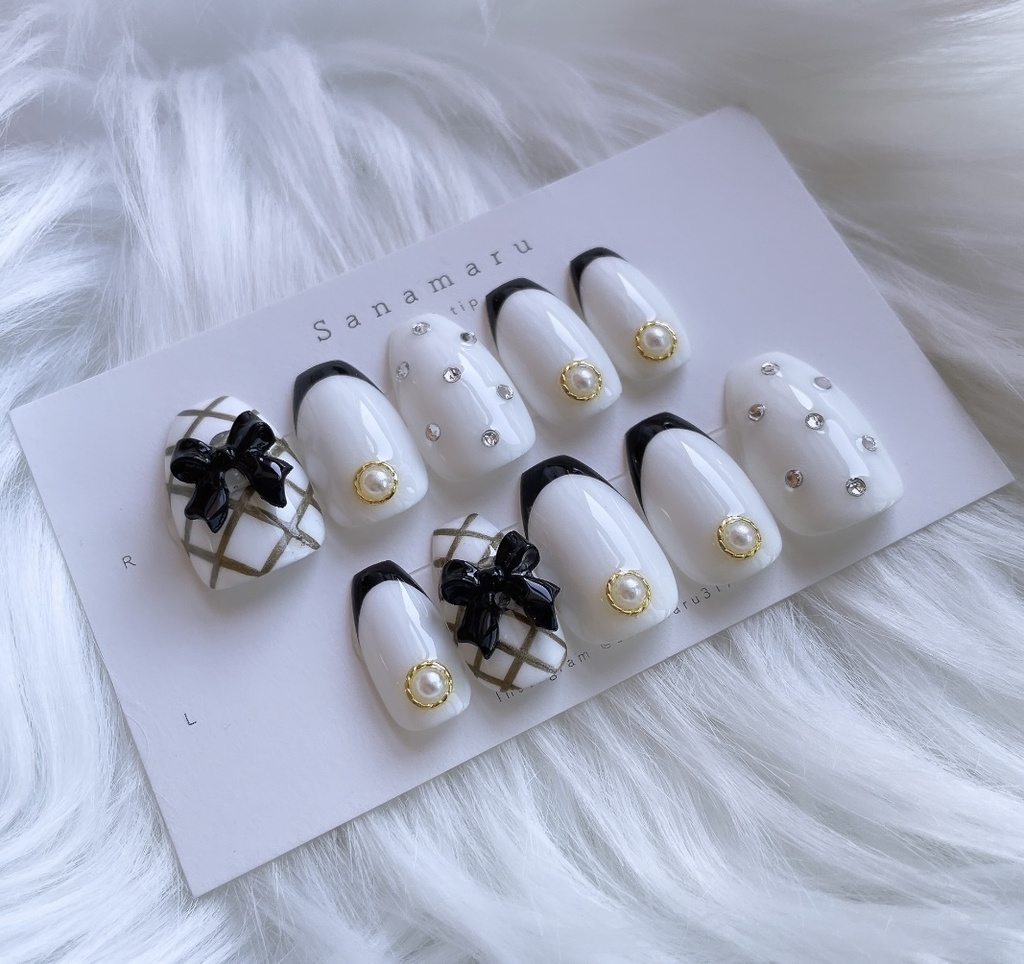 【現品】 98 ネイルチップ キルティング フレンチ リボン ガーリー