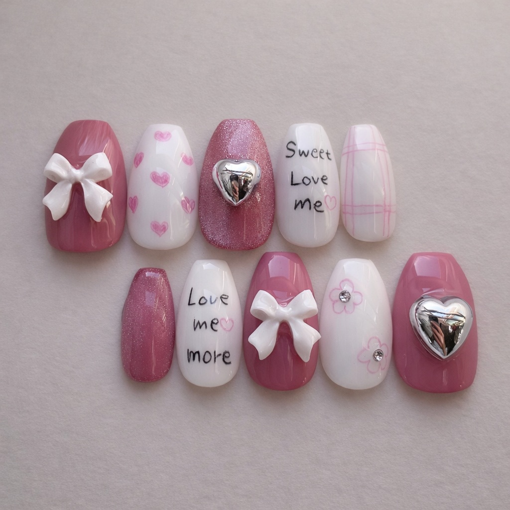 99 現品 サイズオーダー ネイルチップ 落書きネイル リボン ハート マグネット うるマグ つやんネイル ピンク ホワイト 流行りネイル 流行ネイル 韓国ネイル
