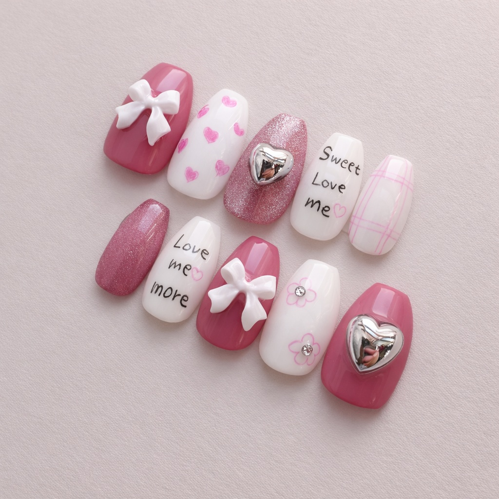 99 現品 サイズオーダー ネイルチップ 落書きネイル リボン ハート マグネット うるマグ つやんネイル ピンク ホワイト 流行りネイル 流行ネイル 韓国ネイル