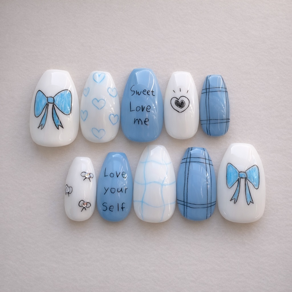 100 現品 サイズオーダー ネイルチップ 落書きネイル チェック柄 リボン ハート つやんネイル ブルー ホワイト 流行りネイル 流行ネイル 韓国ネイル