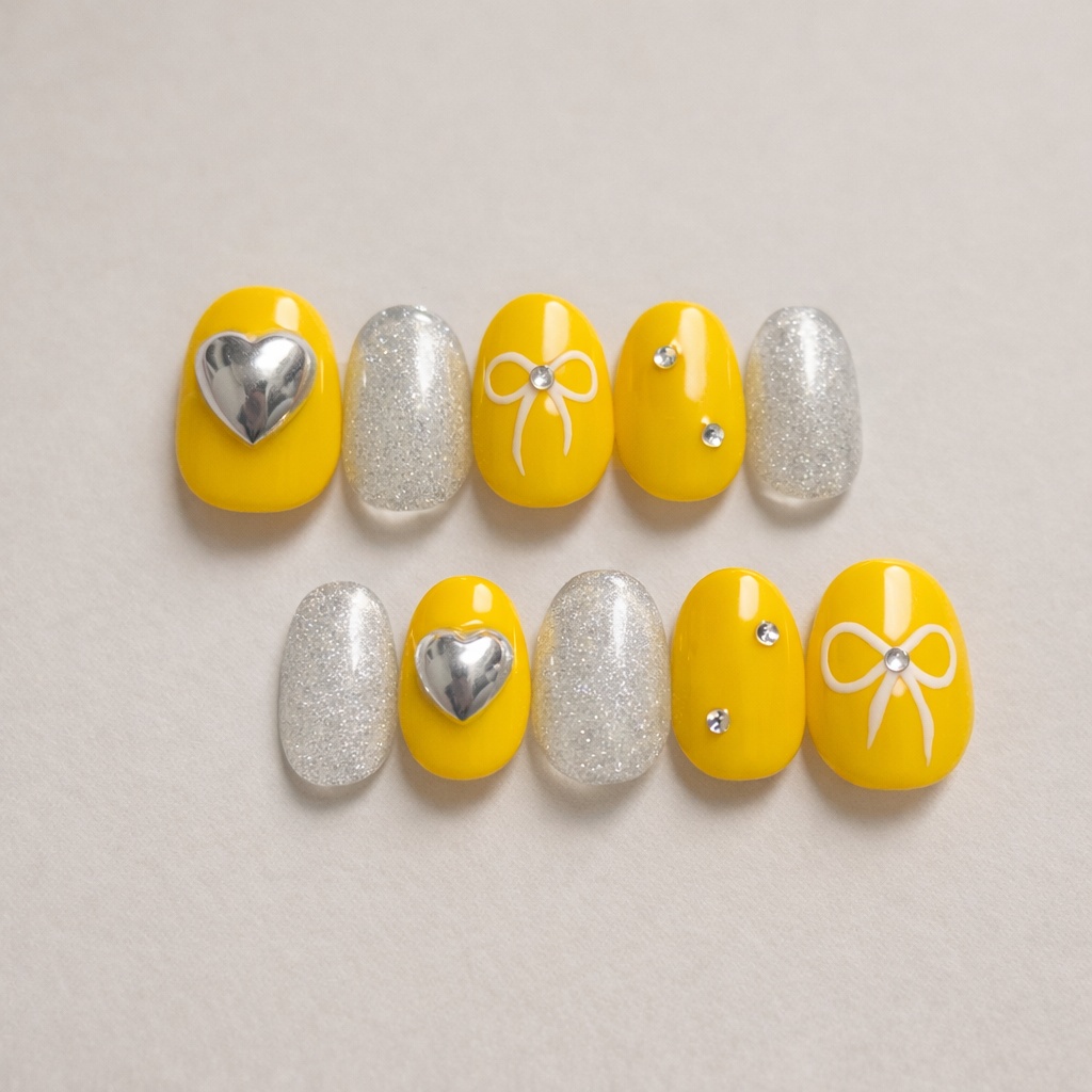 現品 サイズオーダー Honey Ribbon イエロー シルバー ハート リボン ネイルチップ