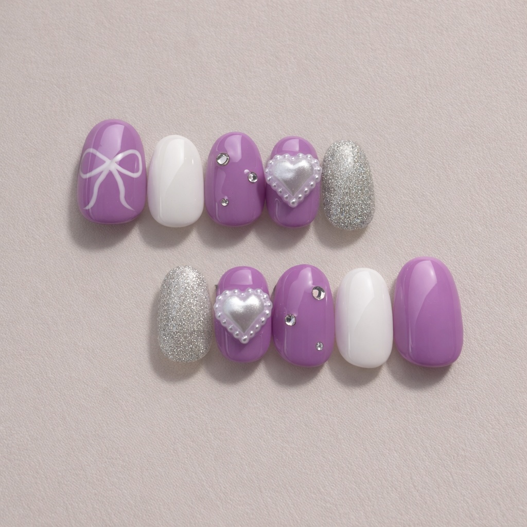 現品 サイズオーダー Lavender Heart ラベンダー パール ハート リボン ネイルチップ